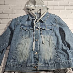 Blue  Denim Jacket With Grey detachable Hood with pockets long sleeve med denim
